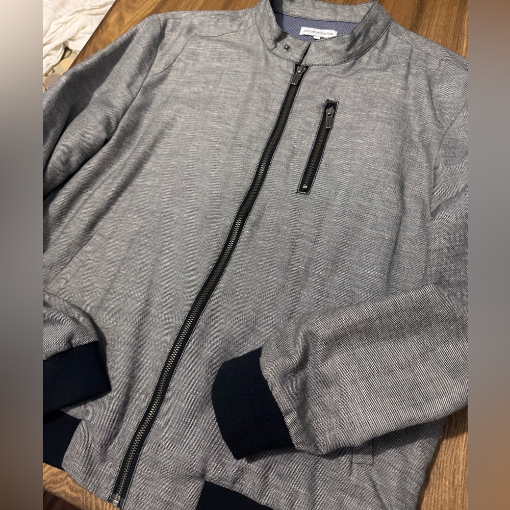 Jacob Holston Gray Linen Bomber Jacket with Black Accents